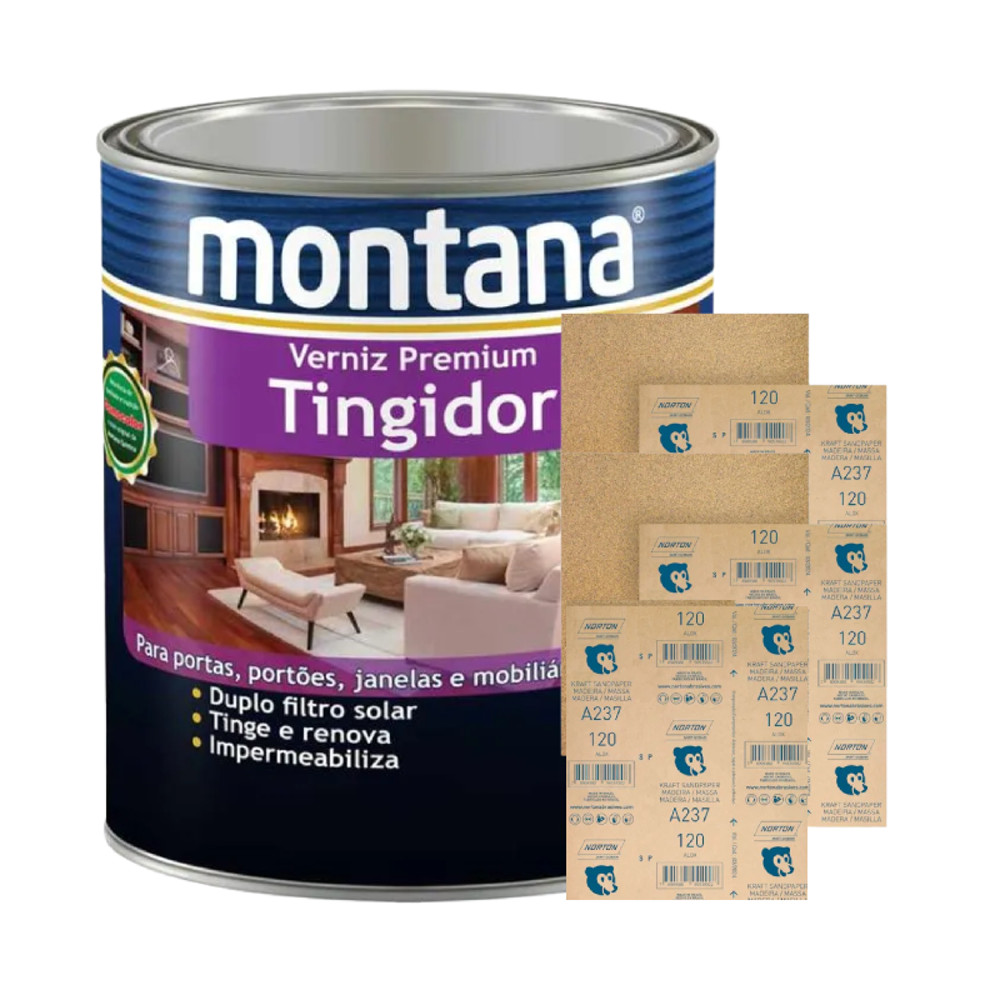 Kit C/ 5 Folha Lixa Madeira A237 GR 120 + Verniz Tingidor Imbuia Brilho 3,6L Montana