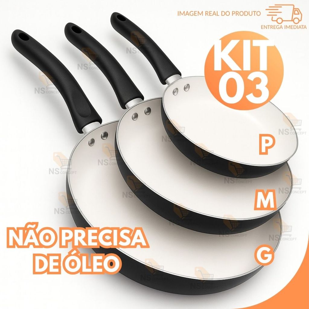 Jogo 3 Frigideiras Antiaderente Grande Cerâmica Não Gruda, Dieta, Não Vai Óleo Utensilio Domestico Qualidade Premium
