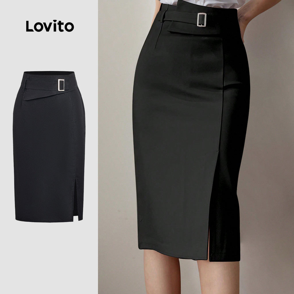 Lovito Saias Casuais com Cinto para Primavera/verão Saias Pretas para mulheres L158ED279 em Oferta na Shopee
