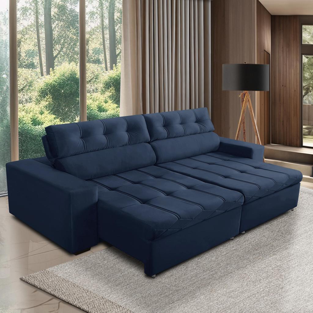 Sofá Retrátil e Reclinável 3 Lugares com Molas 2,50m Dani Suede Azul Adonai Estofados em Oferta na Shopee