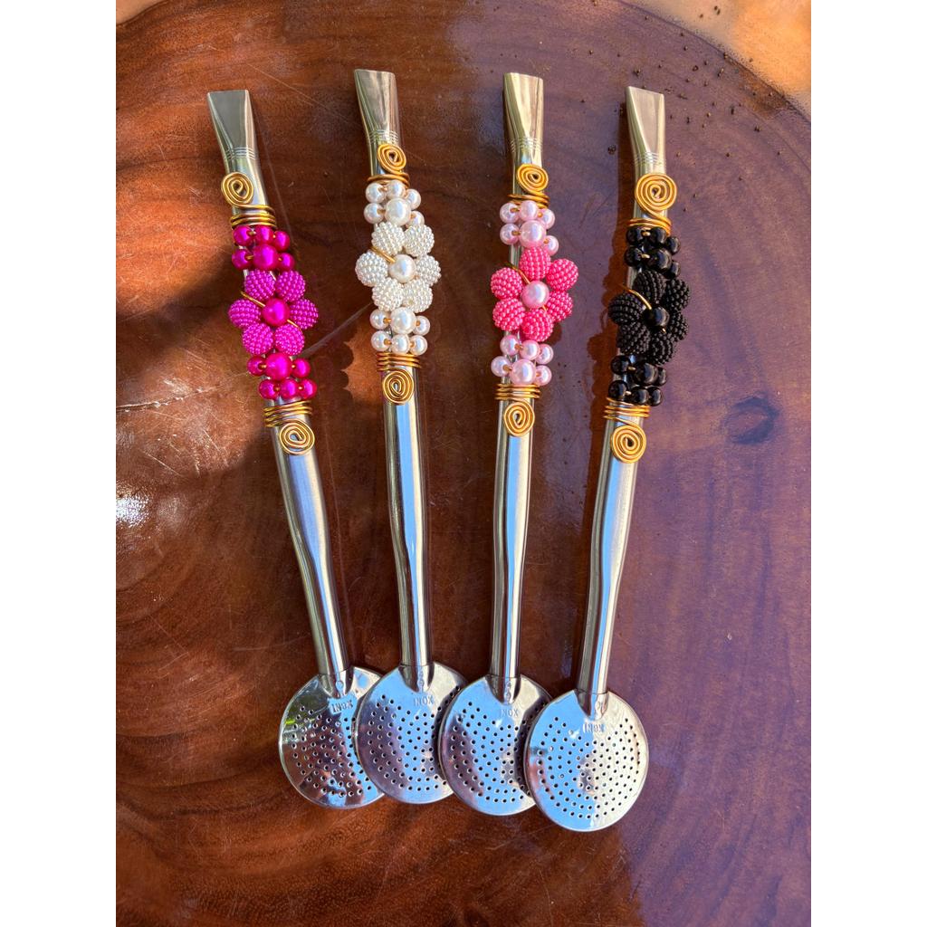 Bomba Inox Chimarrão Decorada Flor Pérola Diversas Cores