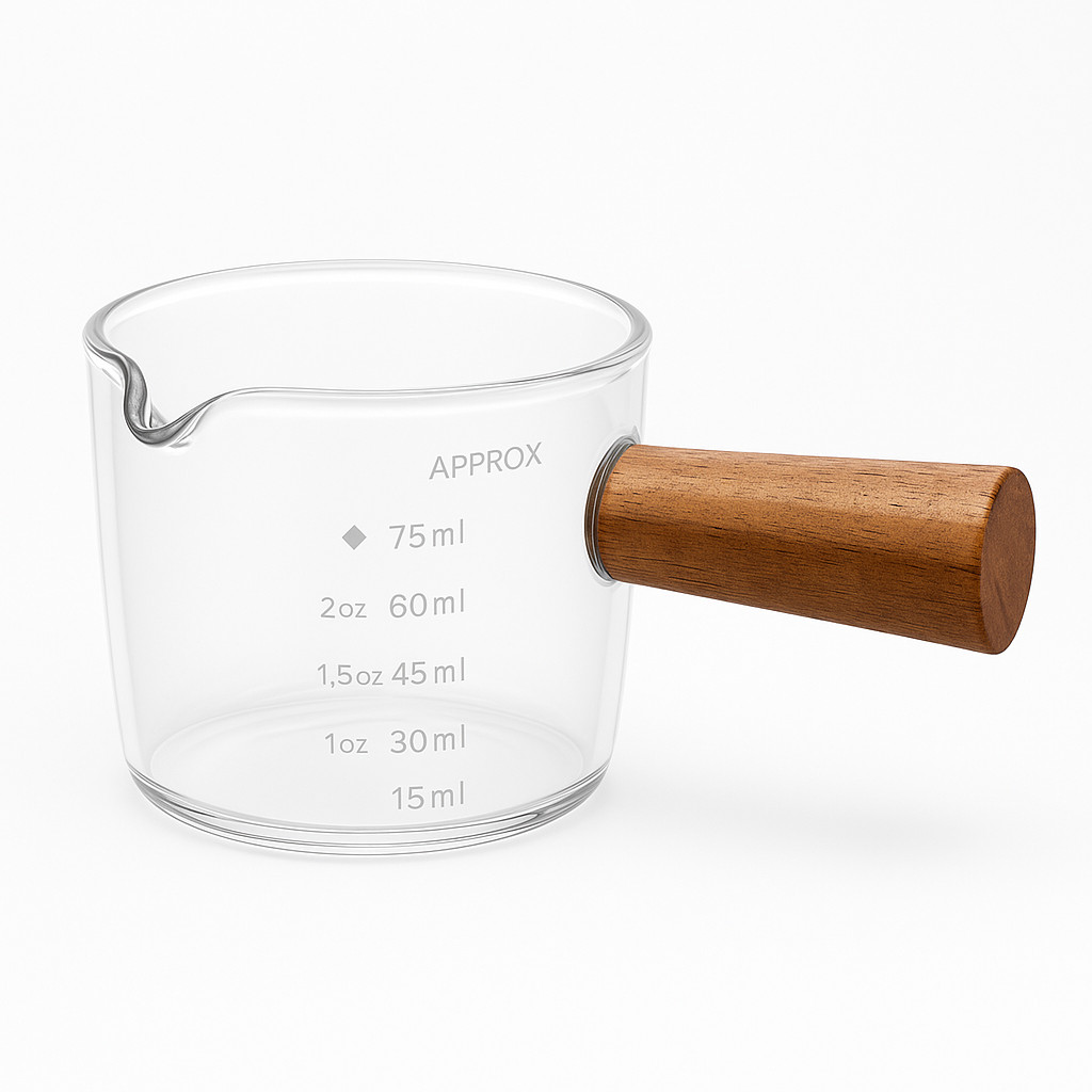 Copo Medidor de Café Expresso em Vidro com Alça e Base em Bambu – Barista 75 ml