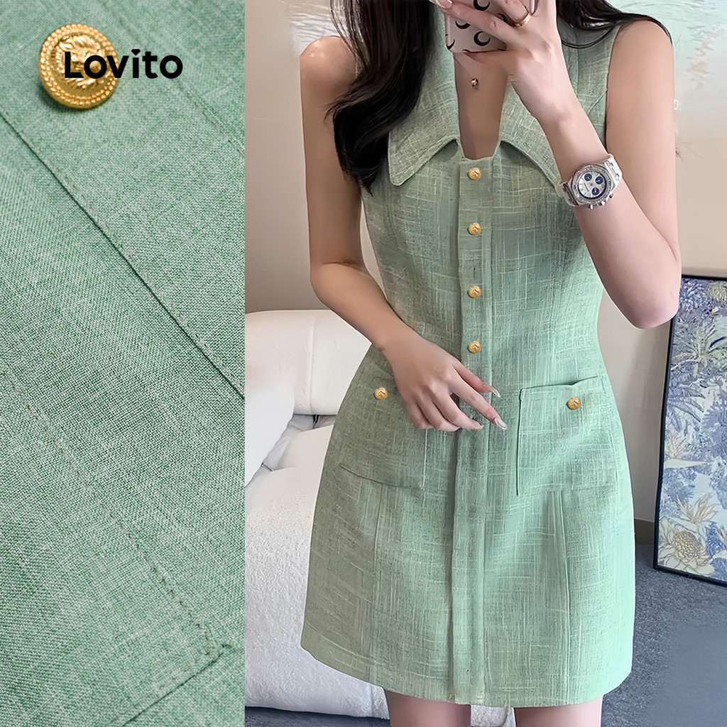 Lovito Vestido Casual de Botão com Pregas para Primavera/verão Verde para mulheres L142ED664 em Oferta na Shopee