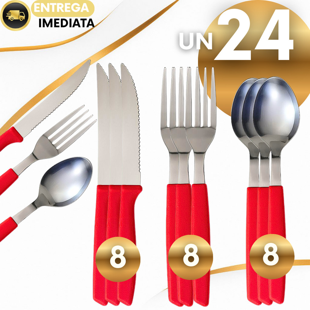 Jogo de Talheres Vermelho Inox 24 Peças Garfo Faca e Colher de Mesa Decoração Ceia de Natal Mesa