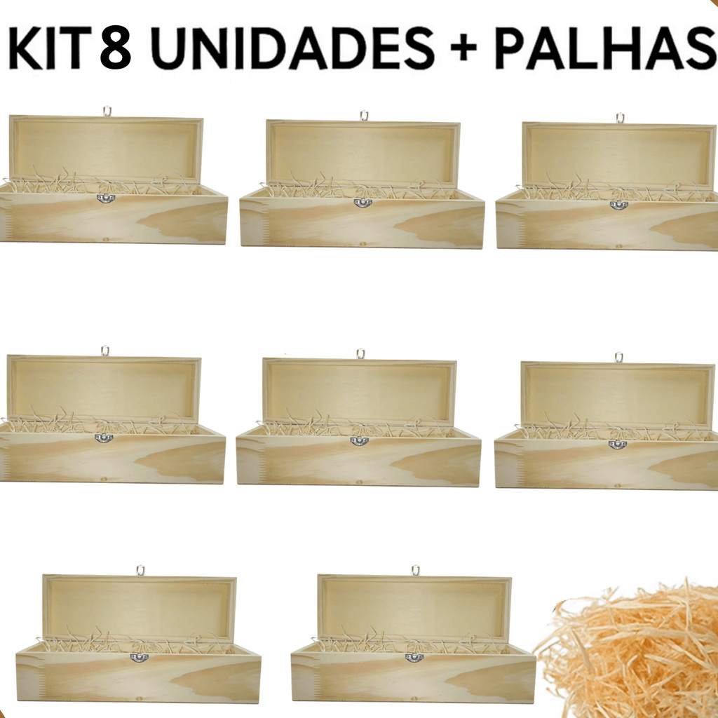 kit 8 Caixas Para Garrafa Vinho Em Madeira Pinus Alta Qualidade Fecho em Metal + Palha Decorativa
