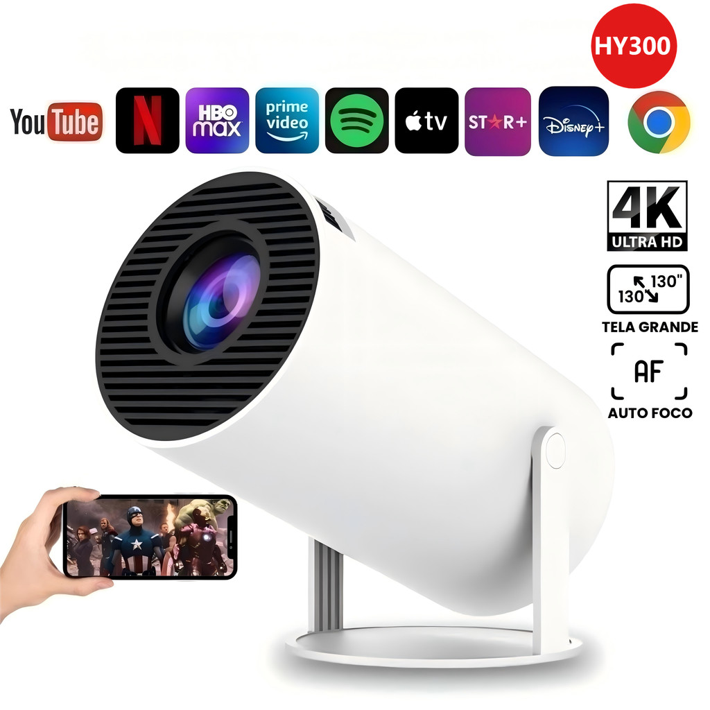 Projetor Portátil HY300 4K HD 150 Polegadas Celular, Tv B0x, Xbox, PS, Pc, Wifi