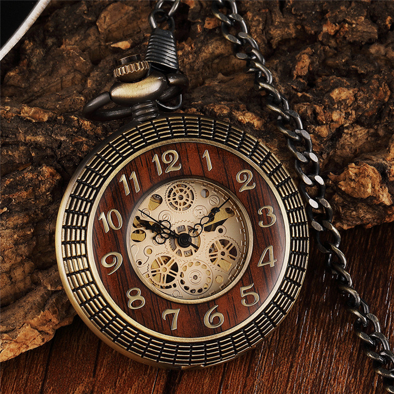 Relógio De Bolso Mecânico De Madeira Maciça FOB Corrente Medalhão Dial Oco Steampunk Esqueleto Masculino Feminino Relógi