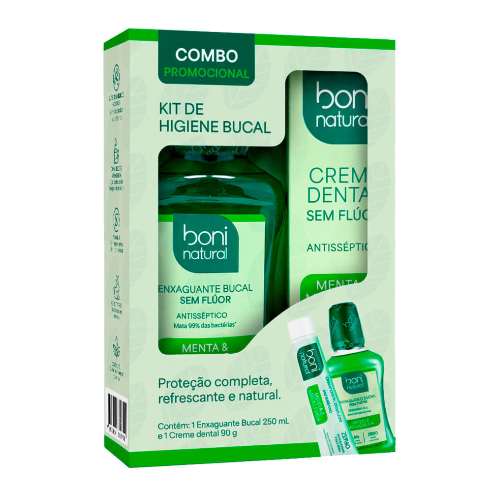 Enxaguante Bucal Boni Natural Menta e Melaleuca Sem Flúor 250ml e Creme Dental Menta e Melaleuca Sem Flúor 90g em Oferta na Shopee