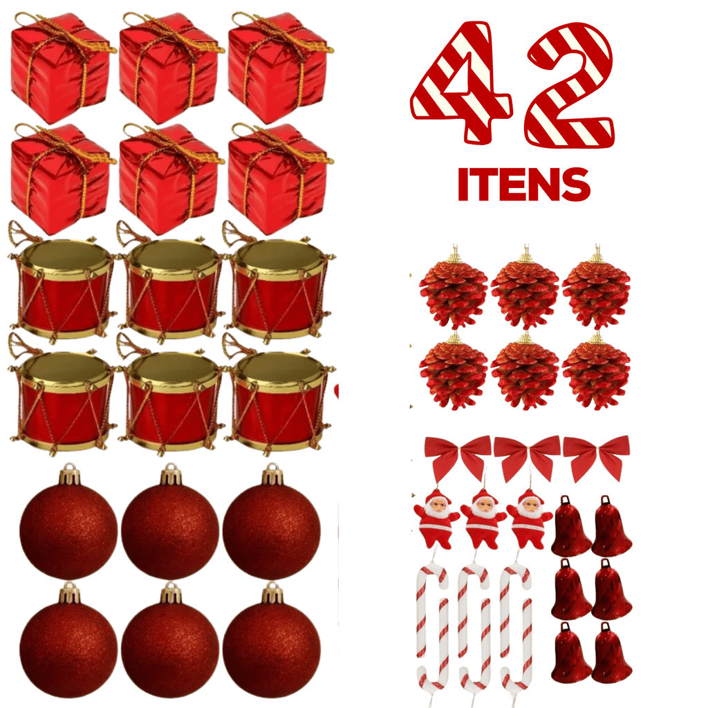 Kit Decoração Natalina de Luxo - 21/42 Itens Enfeites para Árvore de Natal Pinha, Bengala, Estrela