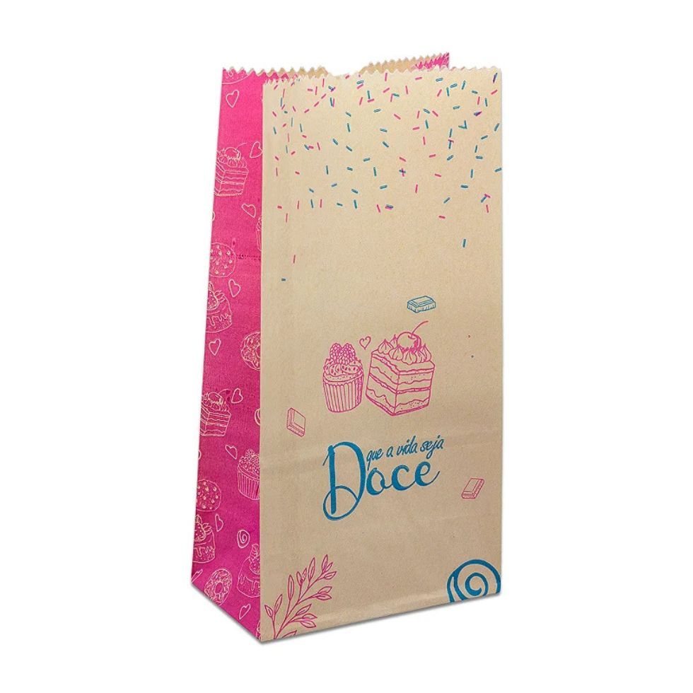 50un Saco Kraft Delivery Doces Rosa PP Pluma