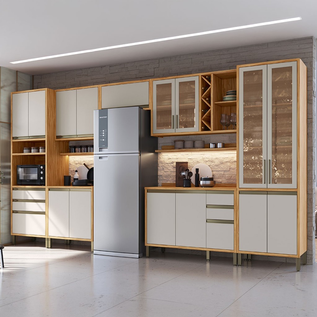 Armário Cozinha Balcão 16 Portas Pérola Prateleiras 100% Mdf Vidro Amêndoa/Off White - Pnr Móveis