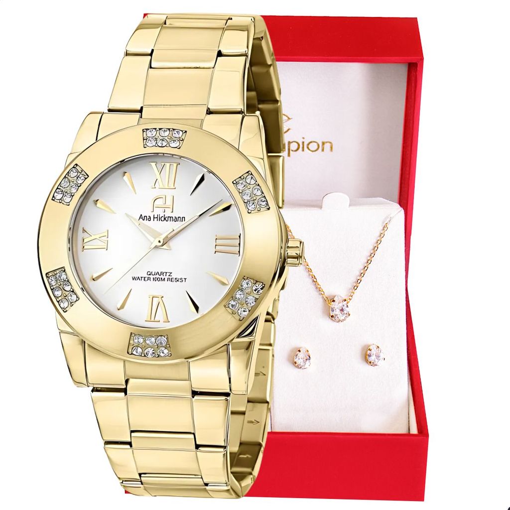 Relógio Feminino Champion Ana Hickmann Dourado Analógico Prova D'Água AH28740H Kit Colar e Brincos em Oferta na Shopee