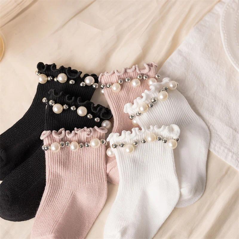 3 Pares/Lote Meias de Pérolas para Meninas Bebês, Meias Curtas de Algodão Macio com Renda para Crianças de 0 a 7 Anos, M