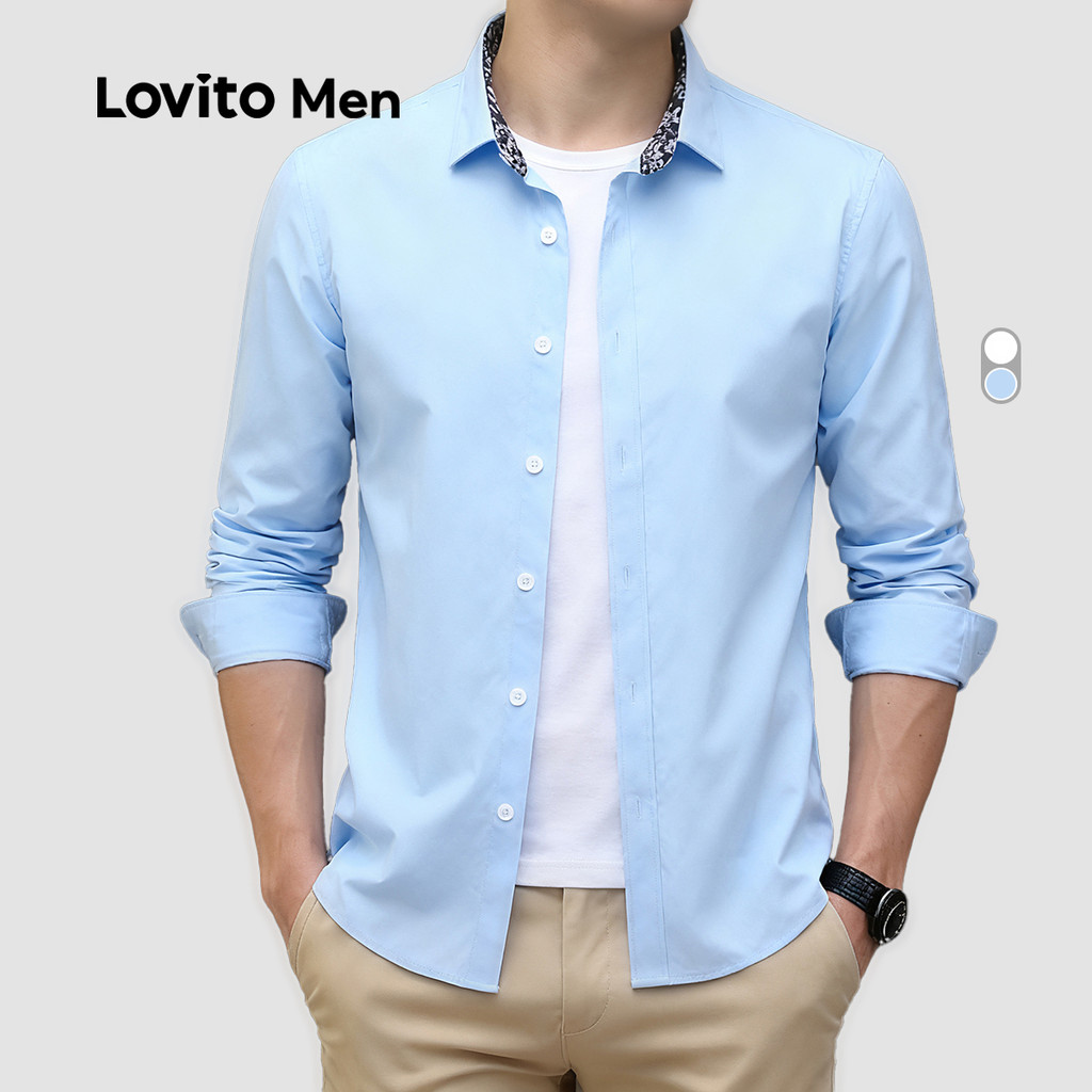 Lovito Men Camisa Casual de Cores Block para Primavera/verão Camisa Branca para homens LNE122147 em Oferta na Shopee