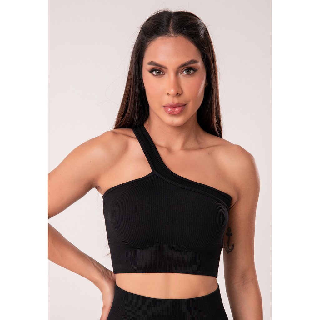 TOP FITNESS FEMININO UM OMBRO SÓ CANELADO COM BOJO SEAMLESS+ DLK
