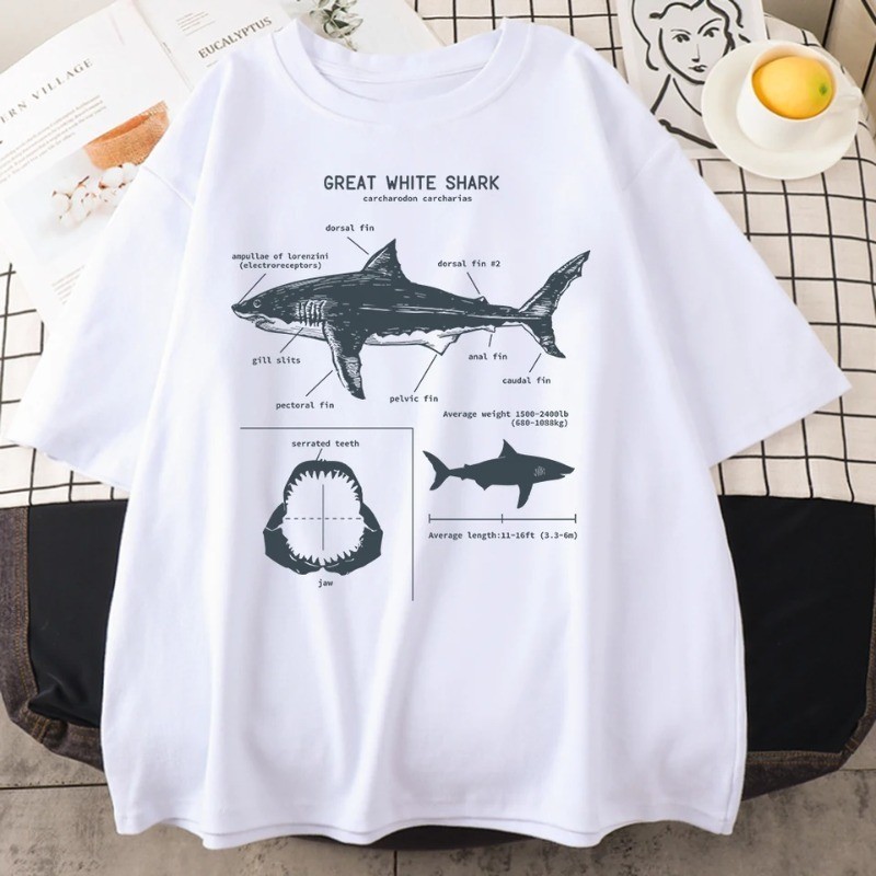Camisa Grande tubarão branco anatomia verão manga curta hip hop estilo punk Camiseta 100% Algodão