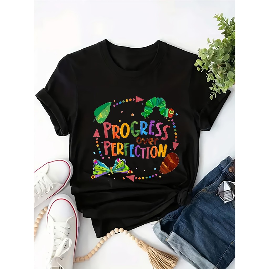 Camiseta Feminina Plus Size PROGRESS Motivacional Corações Estrelas Caterpillar Colorida Confortavel Inspiradora