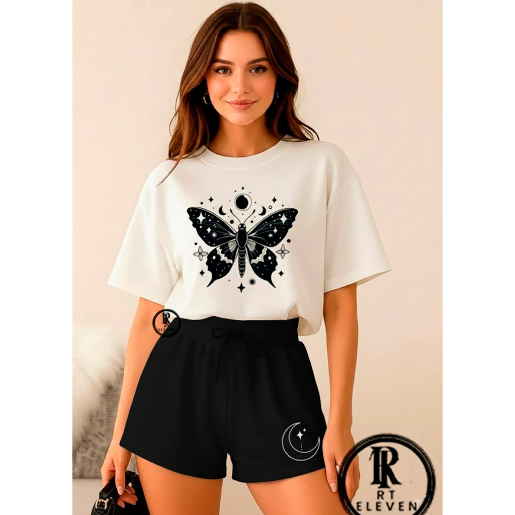 kit conjunto FEMININO Borboleta Kit 2 peças short moletom + blusinha 100% algodão feminina camiseta e shortsacademia — imagem 1