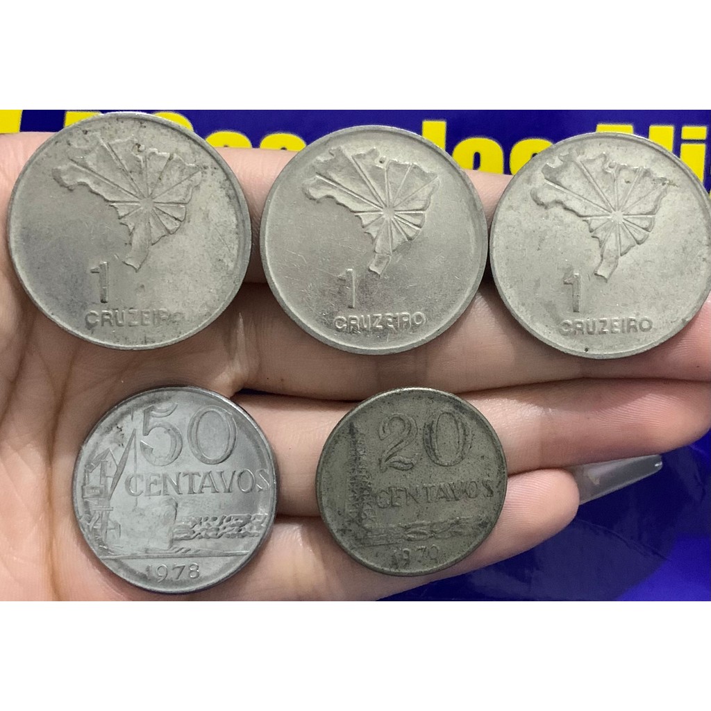 Moedas 1 Cruzeiro, 20 Centavos e 50 Centavos 5 Moedas no Kit