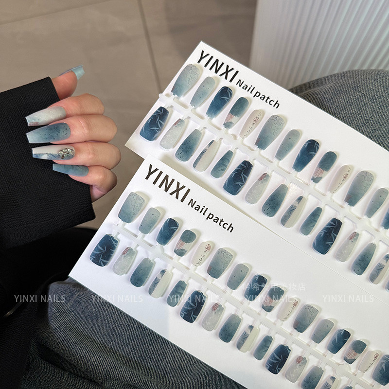 Azure unhas vestíveis de alta qualidade estilo chinês esmalte fosco 2025 novo estilo estilo estilo de comprimento médio