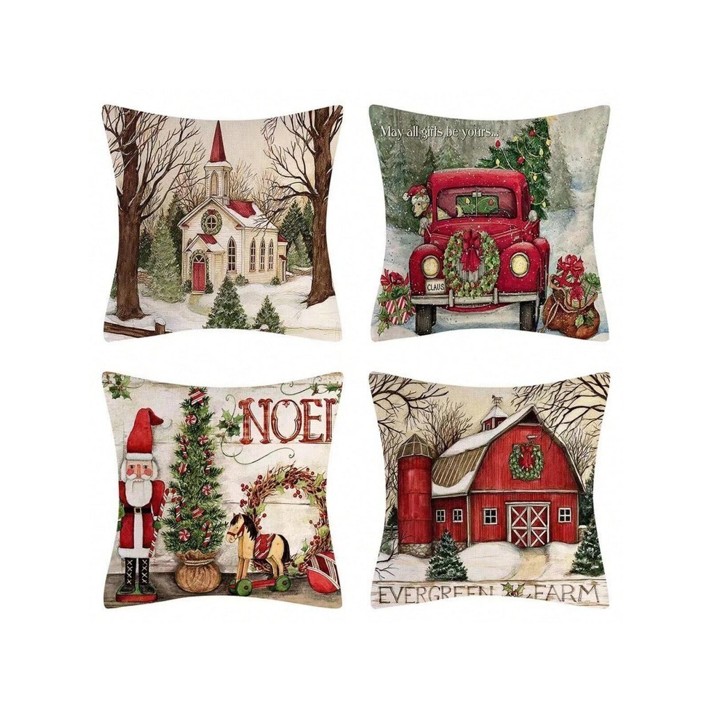 Kit 4 Peças Capa Para Almofada Estampa Natal Decorativo Natal