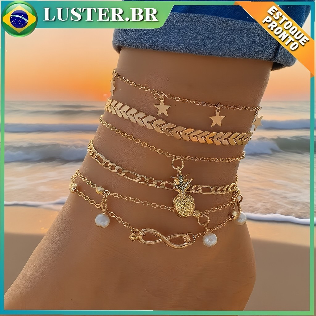 Conjunto 5 Peças Pulseira para Pé Feminina - Charme Coração Estrela Dourado Metálico, Acessório Femininino Trendy