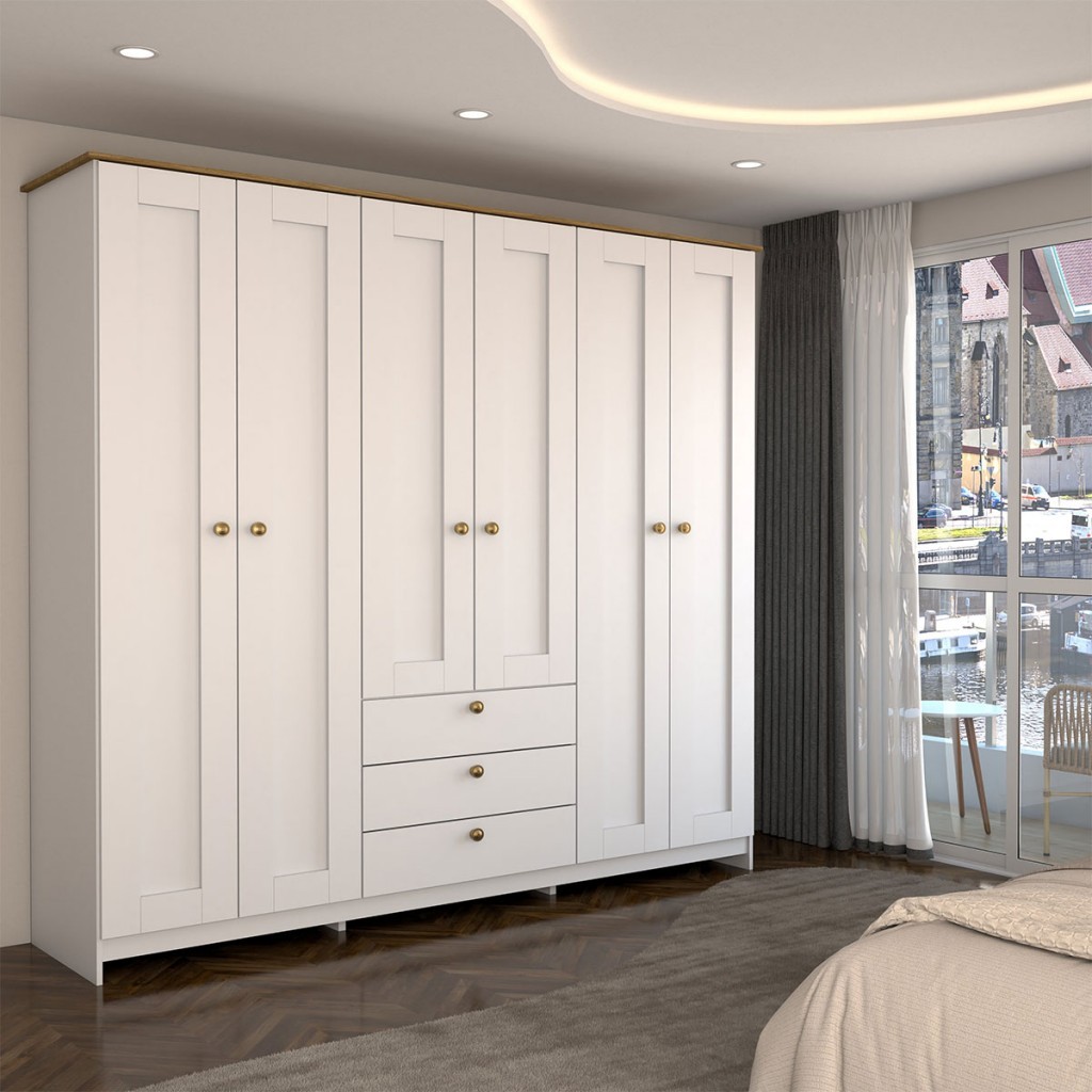 Guarda-Roupa Casal Americano 6 Portas 3 Gavetas Branco/Ipê - Panorama Móveis em Oferta na Shopee