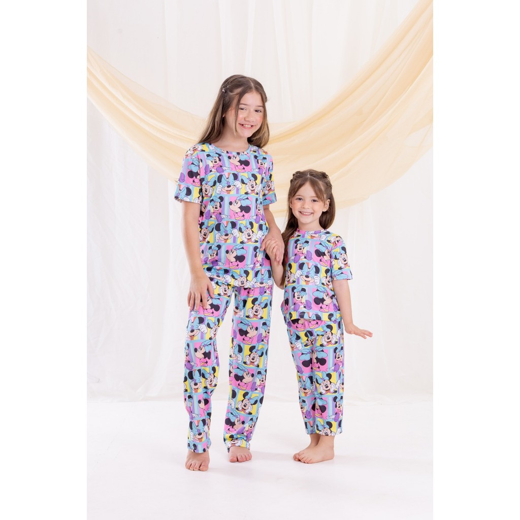 Pijama kids Calça Manga Curta Personagens Minnie Quadros em Oferta na Shopee