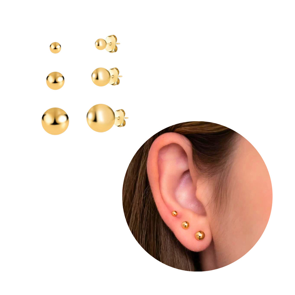 Brinco Trio Bolinha Lisa Banhado a Ouro 18k