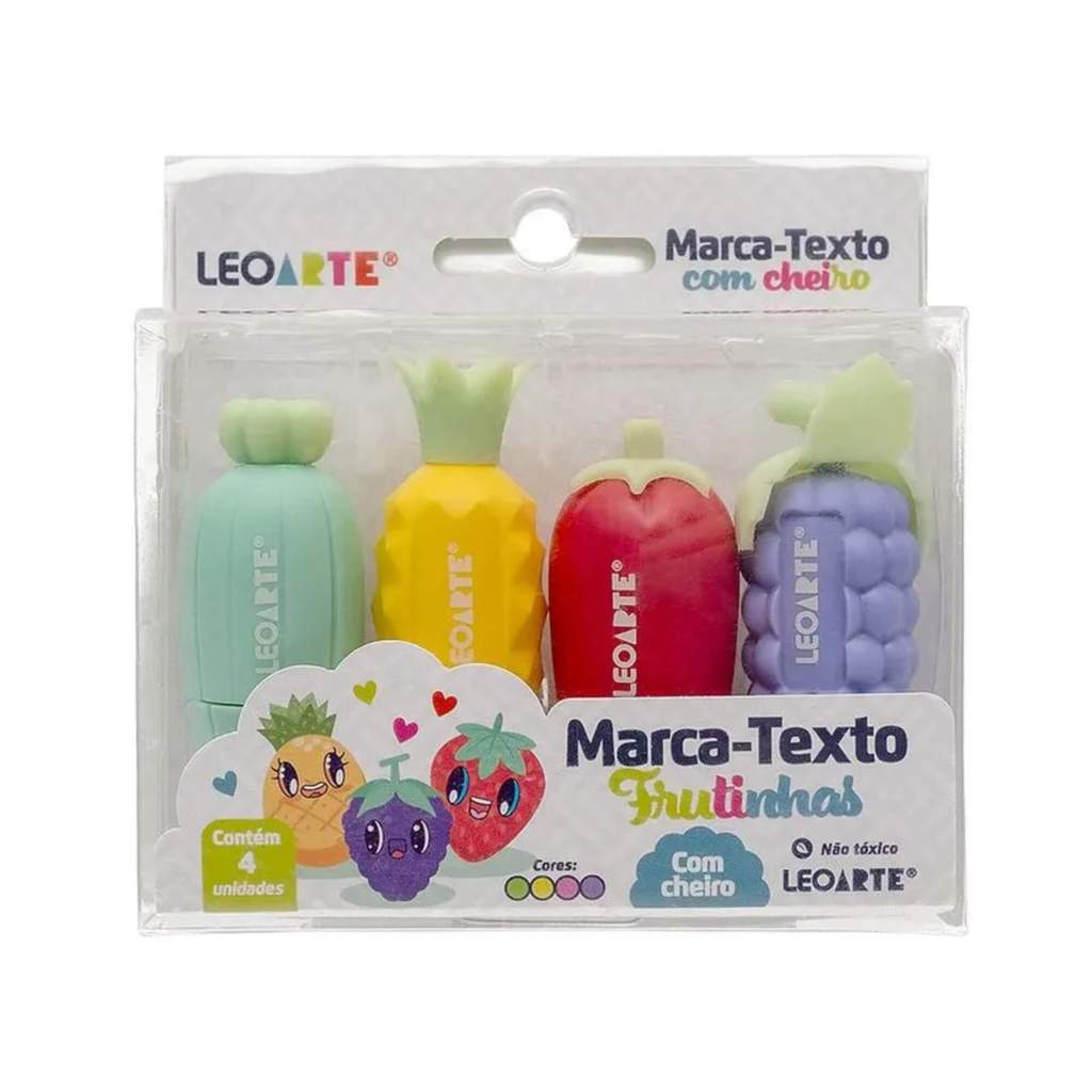 Caneta Marca-Texto Mini Frutinhas com Aroma - Caixa com 4 Unidades Leoarte Leonora - 10599 em Oferta na Shopee