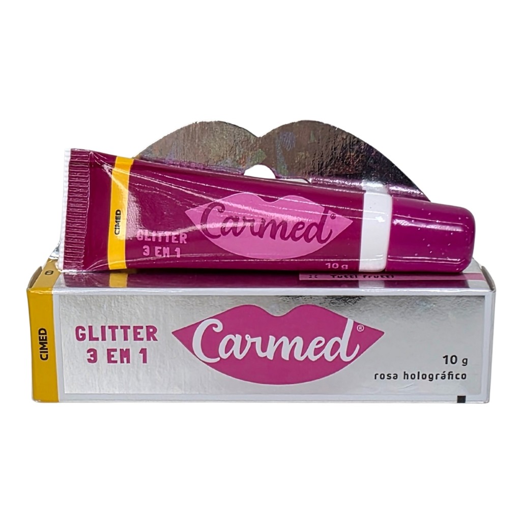 Hidratante Labial 3 em 1 Boca, Rosto e Olhos Rosa Holográfico Glitter Carmed Cimed 10g