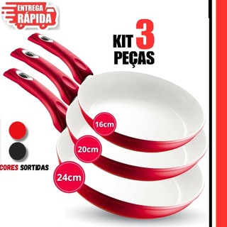 Kit 3/2/1 Frigideiras 16cm 20cm 24cm, em Cerâmica Antiaderentes  Cabo Ergonômico Revestimento Cerâmico PRETO OU VERMELHO
