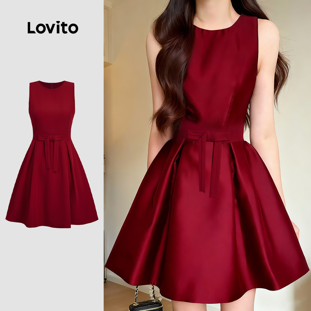 Lovito Vestido Elegante Com Laço Para O Dia Dos Namorados E Ano Novo Cor Vinho Para Mulheres Primavera/verão L157LD350