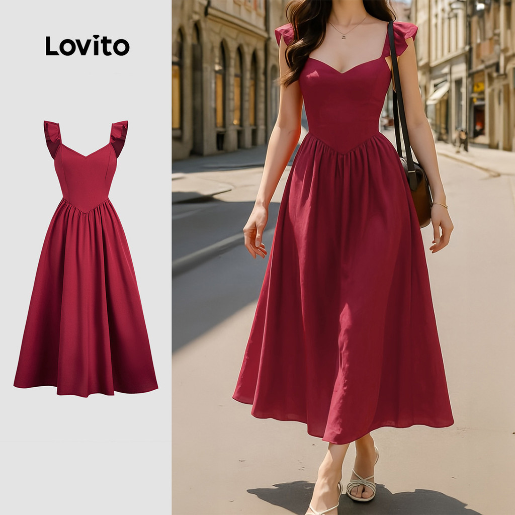 Lovito Vestido Elegante com Babados Primavera/verão Vermelho para Mulheres L158ED1335 em Oferta na Shopee