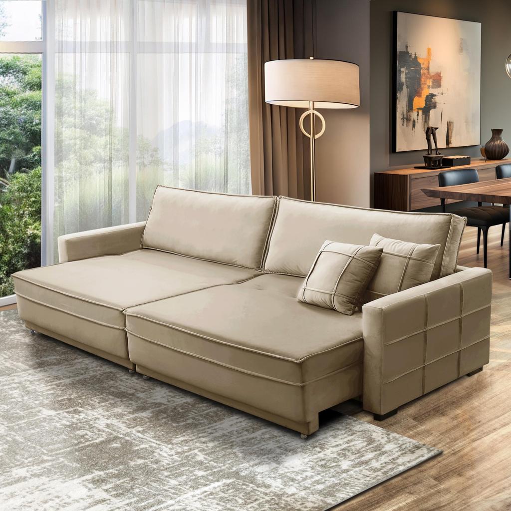 Sofá Cama Retrátil e Reclinável 2,10m com Molas Karen Veludo Bege Adonai Estofados em Oferta na Shopee