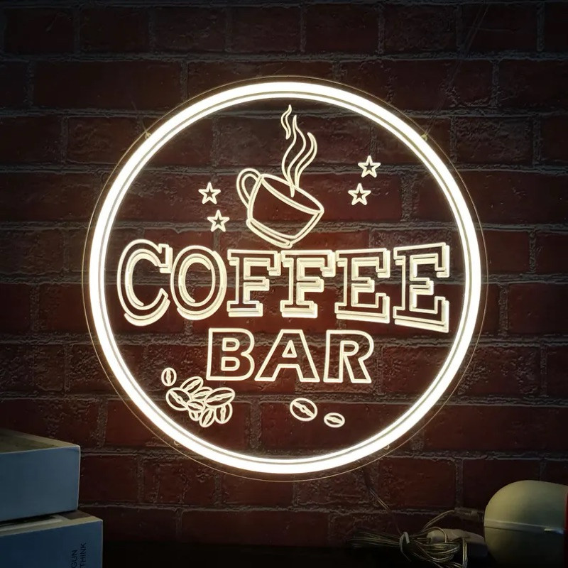 Placa LED Neon "Coffee Bar" em Acrílico Premium | Decoração Gourmet Moderna | Luminária de Parede