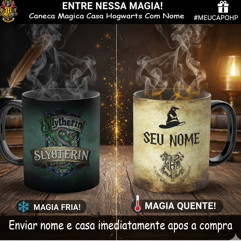 Caneca Magica Harry Potter Com Seu Nome E Casa -  Grifinória Lufa Lufa Corvinal Sonserina em Oferta na Shopee