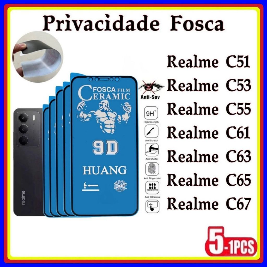 Película Privativa Fosca Cerâmica Anti-Spy Matte Hidrogel Realme C67 C65 C63 C61 C55 C53 C51