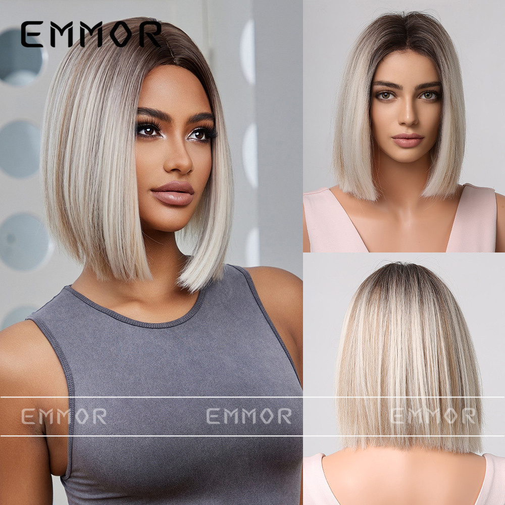 Novo estilo peruca cinza médio curto cabelo reto bobo cabeça arnês completo