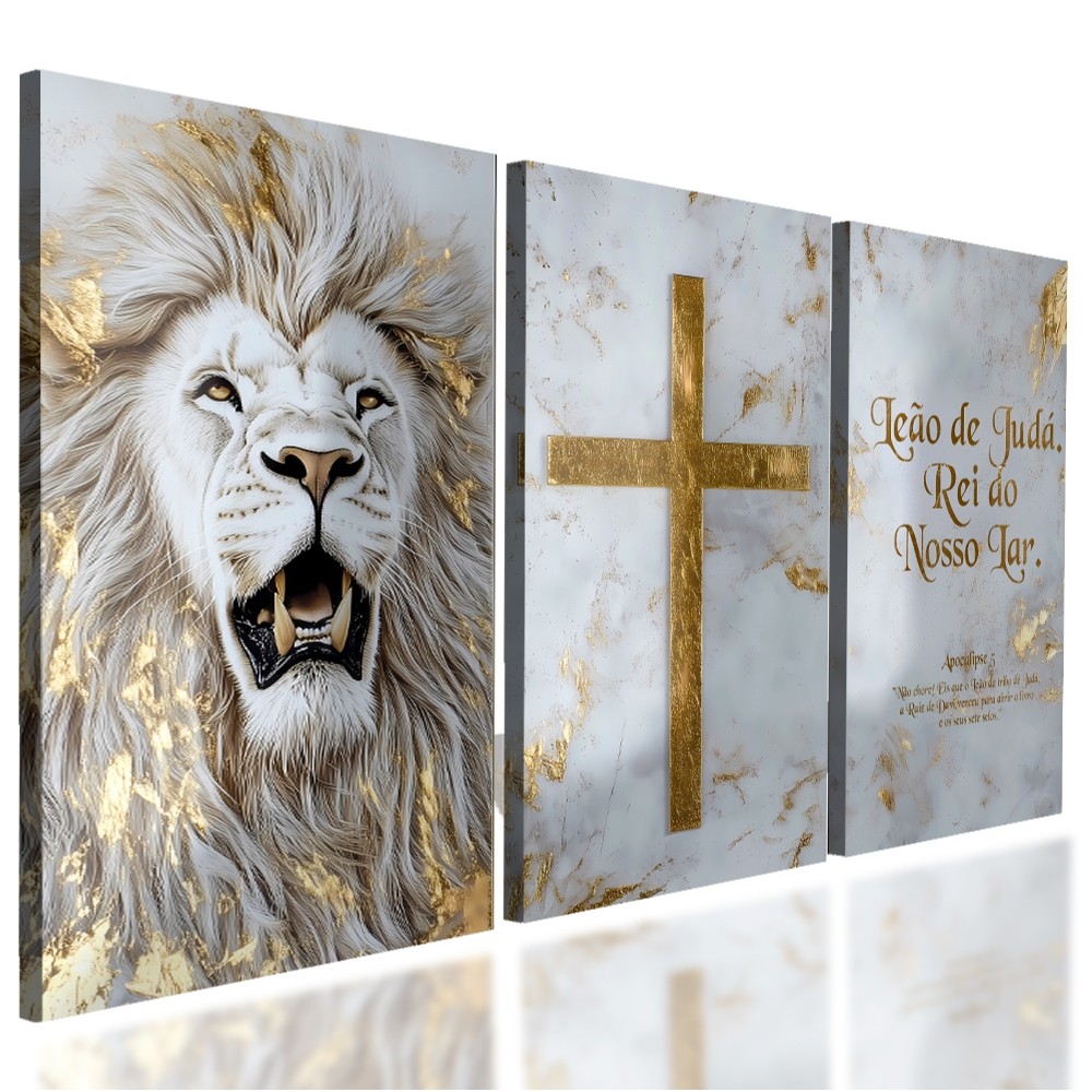 Quadro Decorativo 3 Peças Leão Branco Divino Cruz Dourada Apocalipse 5 Fundo Mármore Casa Sala Quarto Decoração Parede