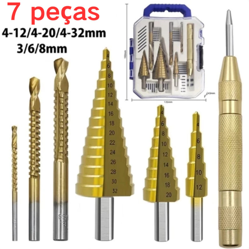 Broca Titânio Escalonada Amarela Aço / Broca Corte Lateral Marcador Punção Com Estojo Organizador P/Metal,,,,,,