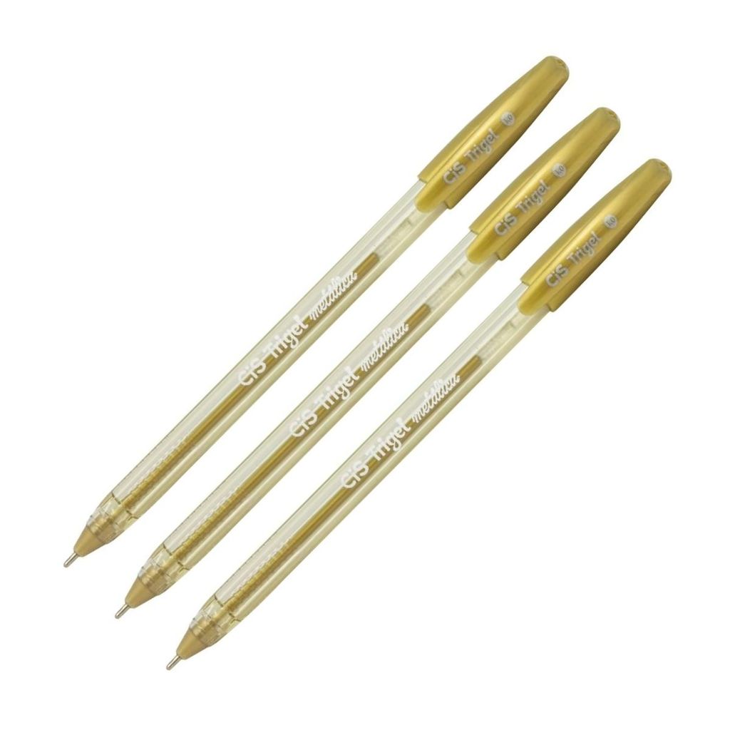 Kit 3 Canetas Gel Trigel Glitter Metálica Dourado Ponta 1.0mm Conjunto Escolar Aula Detalhes Texto