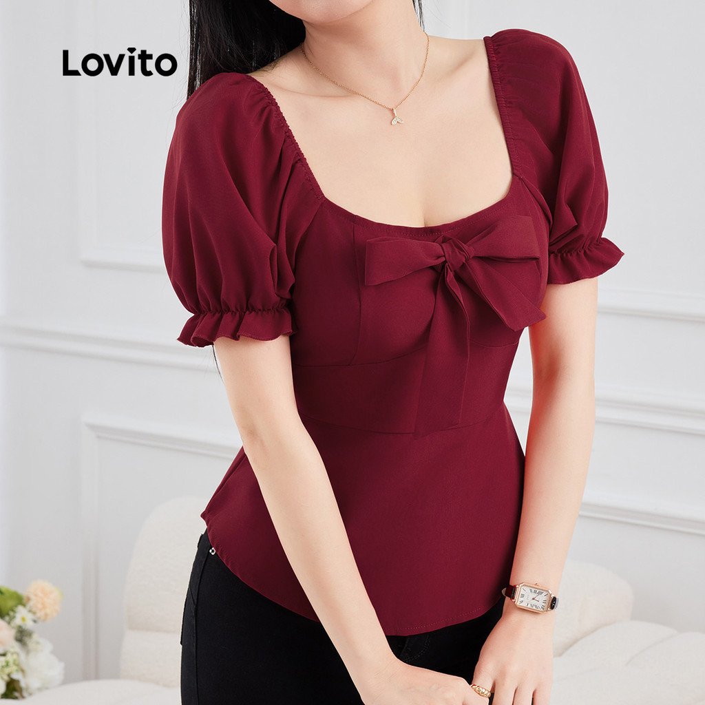 Detalhes do Lovito Blusa Elegante de Renda com Amarração Primavera/verão Blusa Vermelha para Mulheres L157LD309