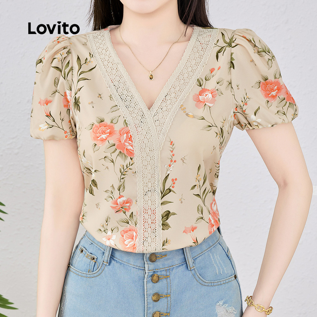 Detalhes do Lovito Blusa de Primavera/verão com Gargantilha Ruffle Boho para Mulheres L143ED586