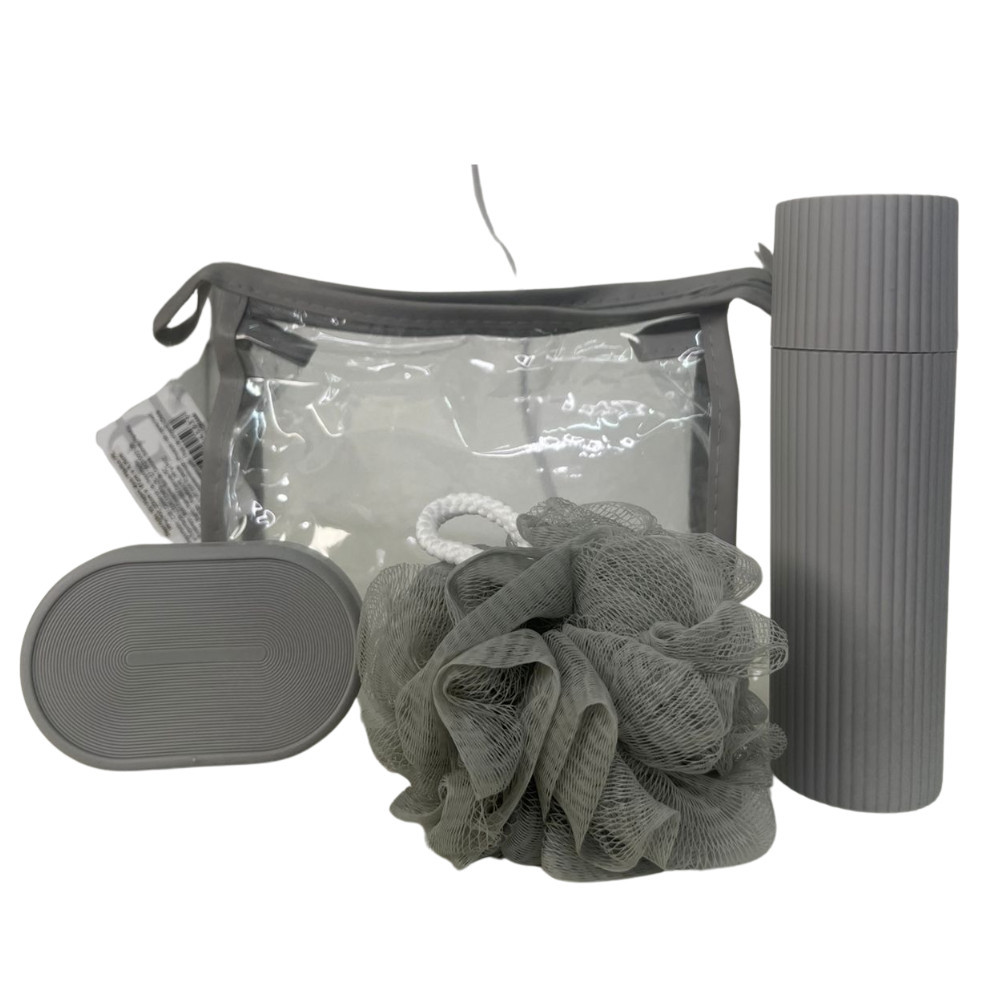 Kit Necessaire Transparente 4 Peças Esponja Saboneteira Porta Escova Para Viagem Higiene Plástico Organizar Multiuso