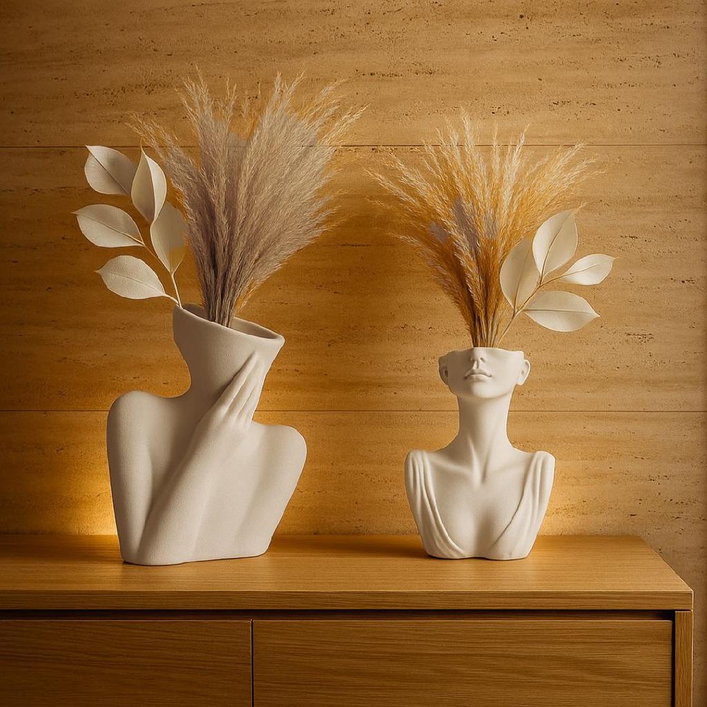 Conjunto De Vasos Femininos Branco e Marfim Em Gesso Com Estilo Escultórico Ideal Para Compor Ambientes Elegantes em Oferta na Shopee