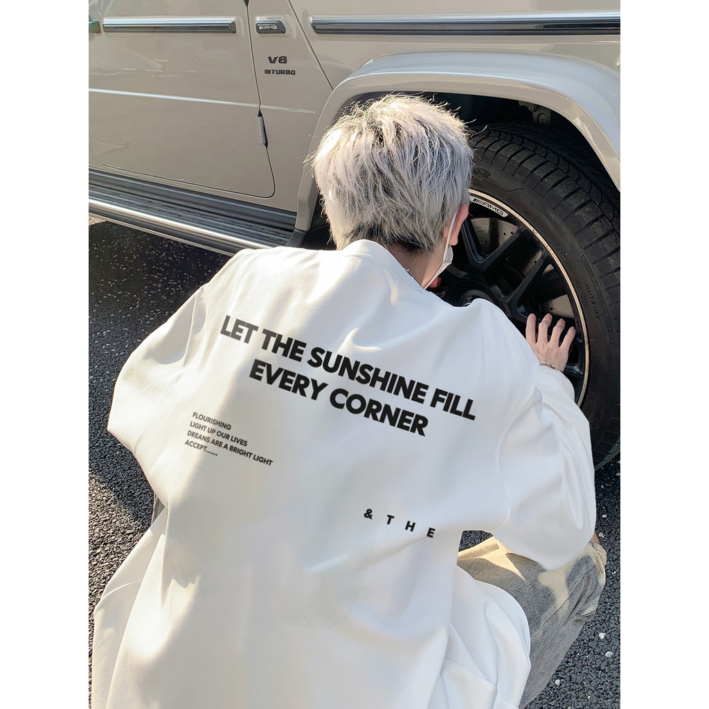 Vug puro algodão carta impressa manga comprida camiseta masculina outono americano pesado em torno do pescoço moletom ta