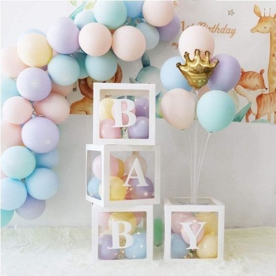 Kit 4 Caixa Cubo Decorativo com Visor e Letra - 100% Cartonado + Letras BABY
