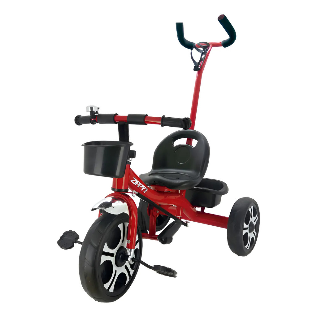 Triciclo Infantil Com Apoiador +2 anos Cestinha Buzina Vermelho C/ Braço Empurrador Motoca Velotrol