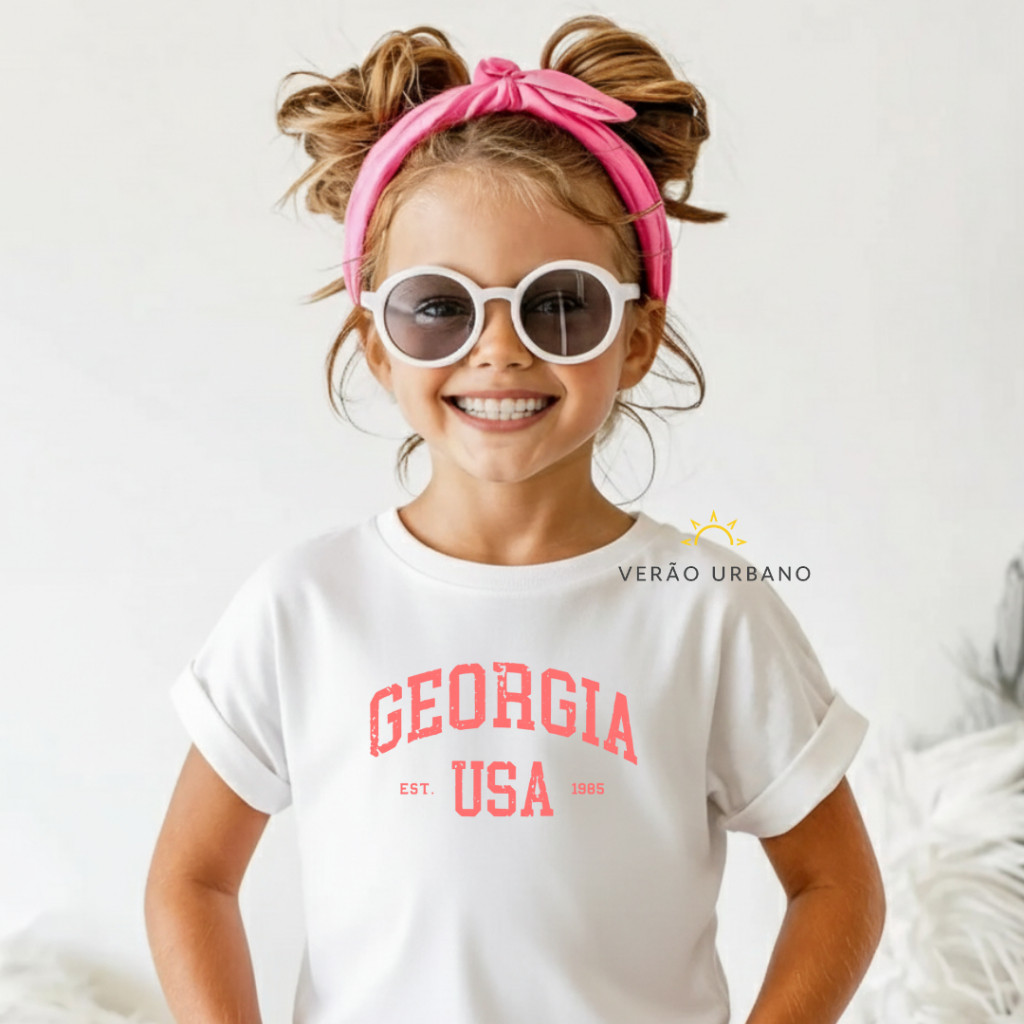 Camiseta Infantil Feminina Estampada "Georgia" 100% Algodão Manga Curta 02 Ao 16